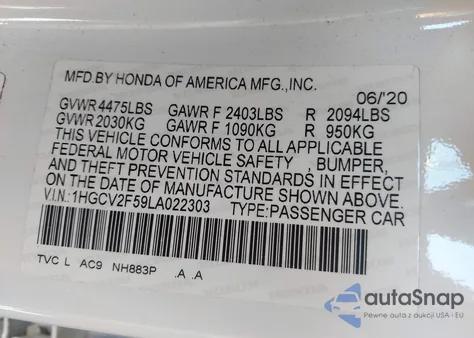 2020 Honda Accord Ex-L 2.0T из США, поврежденный, VIN 1HGCV2F59LA022303